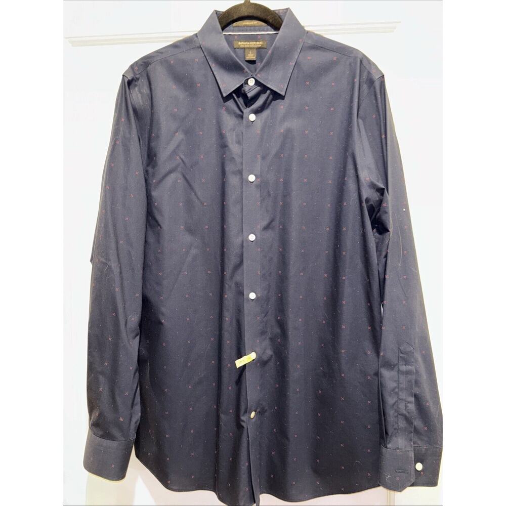 Banana Republic Mens Large Non-Iron Standard Fit Navy Red Print 100% Cotton EUC